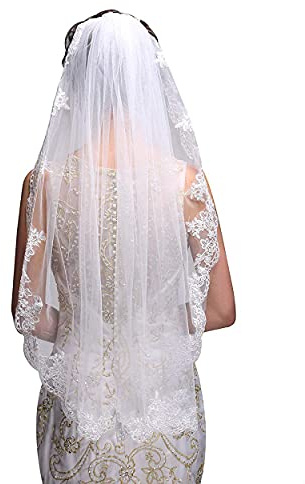 Carufin Velos de novia 1 nivel Encaje Flor Borde Tul Codo Punta del dedo Velo Accesorios para el cabello nupcial con peine para mujeres y niñas (Blanco)