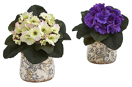 Nearly Natural 8in. African Violet Artificial Plant in Floral Design Vase (Set of 2)
