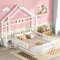 Kayan Kinderbett 140 x 200cm, Hausbett mit Nachttischen und Geländer, Robuste Lattenroste, Rausfallschutz, Flachbetten Kiefernholz Haus Bett für Kinder, ohne Matratze (Weiß)