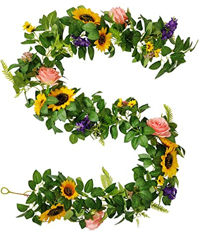 Konstgjord Solrosgirland, 6,2 Fot Handgjord Verklig Girland Konstgjord Grönska Vinstockar med Blandade Blommor, Falska Rosor Krans Silke Solrosvinstockar Solrosrosrankor Hängande Växt för(#1)