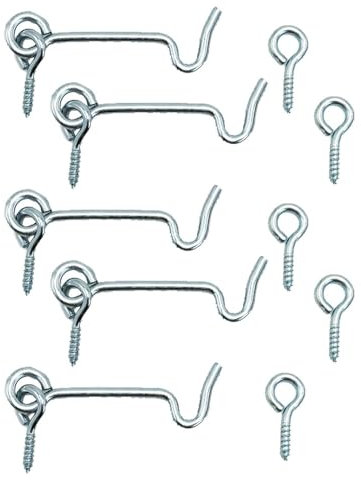 5 Stück Sturmhaken mit Ösen, 50 mm, Sturmsicherung mit Holzgewinde für Fensterläden, Tore und Türen, Haken und Öse aus Metall verzinkt