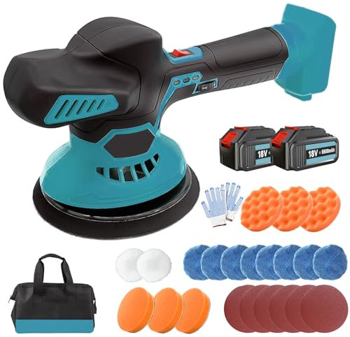 Akku Poliermaschine Auto,Ersatz für Makita 18V BL1830,21V Exzenter Poliermaschine mit 2x 3.0 AH Akku,24 PCS Aufsätze,6 Variable Geschwindigkeit(2500-5000RPM),für Autodetaillierung/Polieren/Wachsen