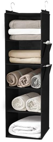 DPWEION Hanging Storage Shelves with 5 Shelves Foldable Hanging Wardrobe Closet Organiser Unit with 2 Side Pockets for Clothes Accessories for Bedroom(Black)