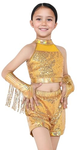 SEAUR Niñas Vestido de Baile de Lentejuelas Metálicas Scintillantes Traje de Baile Latino Jazz Infantil Set con Nudo Top Cortado, Pantalones Cortos, Mangas con Flecos 100-160cm, dorado, 110/120 cm