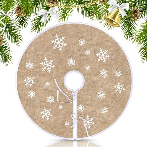 Coperta per albero di Natale,Onna per Albero di Natale in lino, Colore Cachi Gonna per Alb-ero di Na-tale, Rotonda, Fiocco di Neve Bianco Stampato in Lino, per Al-bero di Na-tale (75 cm)