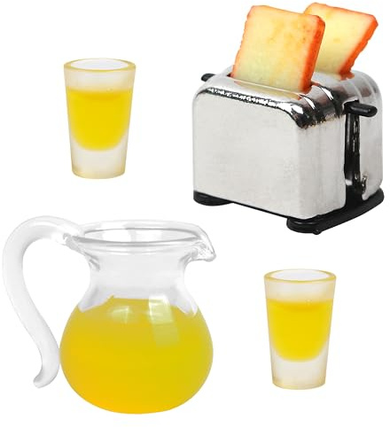 Accesorios de cocina para casa de muñecas, escala 1:12, tostadora en miniatura con 2 rebanadas, 2 tazas de jugo de naranja y 1 jarra, mini cosas para artículos realistas de muñecas, utensilios de