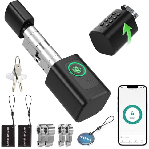 TECKZOON Fingerabdruck Smart Lock, Elektronisches Türschloss für Haustüren, verstellbarer Schließzylinder 60–90 mm, Öffnung per Fingerabdruck, Passwort, RFID, App, Bluetooth & Schlüssel