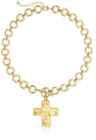 Robaice Chunky Gold Cross Necklace for Women，14K Gold Plated Hammered Cross Pendant Bold Chain Necklace with Toggle Clasp，Waterproof Non Tarnish Hypoallergenic Chunky Statement Jewelry Gift for Women