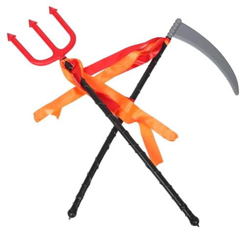 DIKACA 2 pièces Accessoires Halloween Fourche Diable et Faucille Plastique Rouge et Gris pour Déguisement Faucheuse Cosplay Demon Party