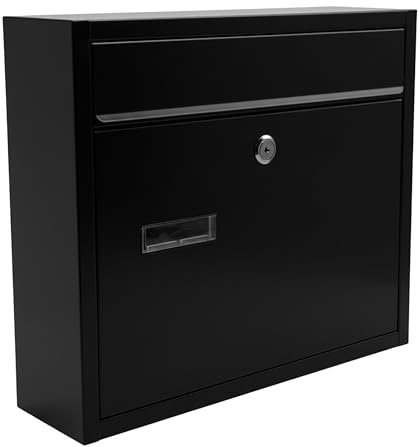 Relaxdays Briefkasten mit Namensschild, 4 Schlüssel, Querformat, Postkasten, HxBxT: 31 x 36 x 10 cm, Eisen, schwarz