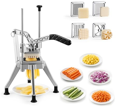 VEVOR Cortador de Patatas Fritas con 4 Cuchillas de Repuesto 1,3 cm, 0,9 cm, 0,6 cm y Descorazonador de 6 Cuñas, Cortadora de Verduras Soporte Estable en 4 Esquinas para Restaurantes, Cocinas