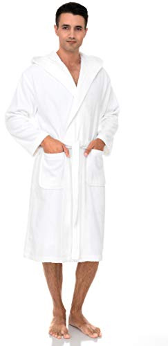 TowelSelections Mens Hooded Robe Cotton Terry Cloth Towel Bathrobe Soft Shower Bath Robes for Men Large White