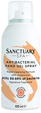 Sanctuary Spa Hand Sanitiser Gel Spray with Moisturiser, 70% Alcohol, Kills 99.9% Bacteria, Vegan and Cruelty Free, 100 ml