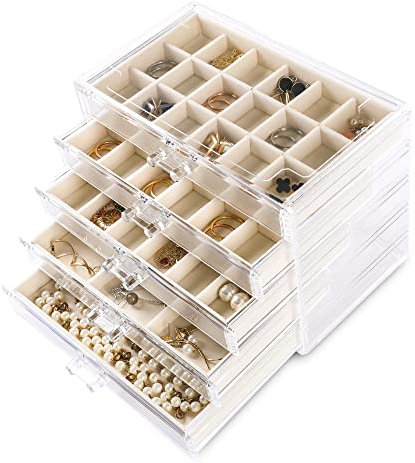 Frebeauty Organizzatore di gioielli in acrilico, scatola organizer per orecchini con 5 cassetti Portagioie trasparente con vassoi in velluto per donna, borchie e bracciali (beige)