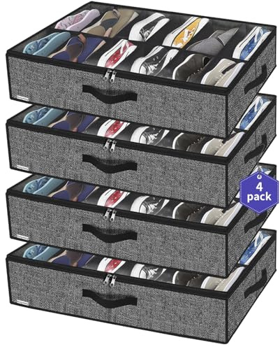 Onlyeasy Under Bed Shoe Storage Organizer For Closet, 4 Pack Fit 12x4 Pairs, Underbed Solution Shoes Container Bags with Sturdy Sidewall & Reinforced Handles, Breathable, Linen-like Black, MXAUBSB4P