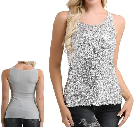 Women Sequin Tank Top, Sleeveless Sparkle Shimmer Vest Tops, 1920s Sparkly Sequin Top Glitter Rave Party Vest Tank Tops, Glitter Crew Neck Blouse T-shirts for Night Club Party Performance Costume