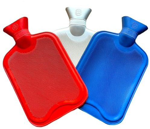 Faboer Large 2L Hot Water Bottles 3 Pack - Hot Water Bottle Large (2Litre) - Hot Water Bottles in 3 Colours (Blue, White and Red) - Rubber Hot Water Bottles Without Cover