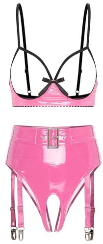 iiniim Womens 2 Piece Lingerie Set Nipple Split Bra Quarter Cup Bra Tops with Panties Garter Teddy Pink A M