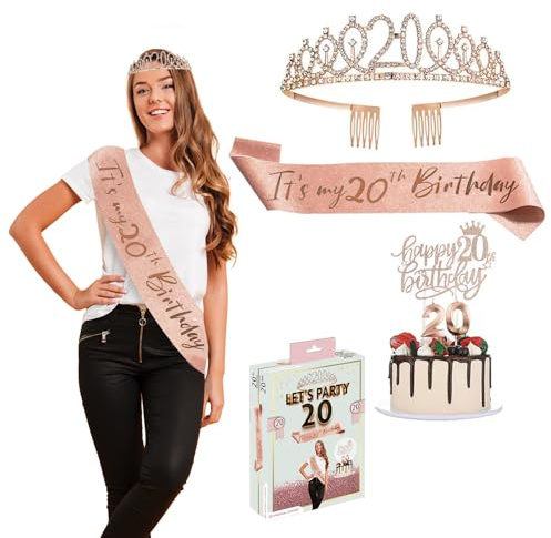 Bday® Kit Anniversaire 20 Ans Fille | Echarpe Miss Rose Doré | Diadème Couronne avec Strass | Bougies Chiffre 20 | Accessoire Fête Inoubliable | Décoration Anniversaires Femme | OriginalCorner®