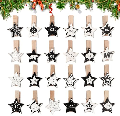 BETESSIN Lot de 24 Calendrier de l'Avent avec Étoile et Chiffres 1-24 Noir Blanc Mini Pinces à Linge en Bois de Noël Décoration Noël Emballage Cadeau Bricolage