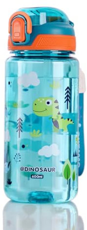 Sigdio Gourde Enfant Paille 600ml Garçons Gourde Dinosaure Enfant Anti-Fuite Facile à Ouvrir Verrouillage Sécurisé sans BPA Gourde Sport pour Ecole Maternelle (Vert, 600ml)
