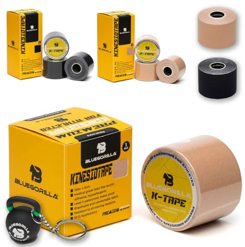 BLUEGORILLA Premium Kinesio tape, nastro sportivo kinesiologico, benda neuromuscolare, strisce adesive per fisioterapia, resistenti all'acqua e al sudore. Senza lattice. Portachiavi regalo (Pelle, 1)