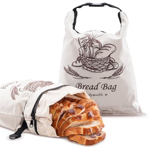 Puricon 2 Sacs à Pain Réutilisables en Cire d'Abeille avec Zippé pour Pain Fait Maison 31.5 * 42cm, Sachets Conservation de Pain au Levain de Grande Capacité avec Étiquette de Suivi de la Date