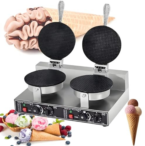 Commercial Waffle Cone Maker, 2400W Professional Ice Cream Cone Waffle Maker Machine, Electric Commercial Waffle Cone Maker, Non-stick Coating, With Temp & Time Control Double Head Egg Roll, 110v/220v