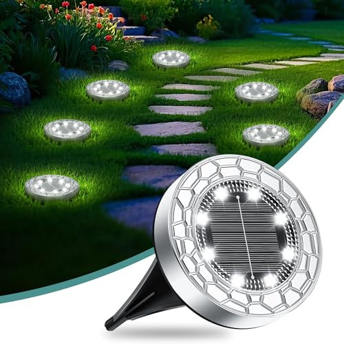 Solar Lights Outdoor Garden, 2025 Upgraded 8 LEDs Stainless Steel Solar Garden Lights, IP65 Waterproof Ground Light for Pathway, Lawn, Yard Decorative Lighting (Stainless Steel, 6 Pack, Cold White)