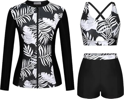 Kate Kasin Traje de baño floral estampado de mujer de 3 piezas, camiseta con cremallera, protector solar, boyshort, set de tankini para deportes acuáticos, surf y natación, XXL