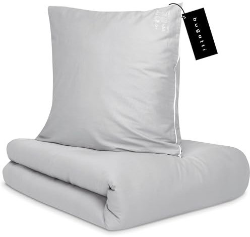 bugatti Bettwäsche 155x220 cm - 100% Baumwolle, Reißverschluss, anschmiegsam, weich & waschbar, Satinbettwäsche hellgrau einfarbig