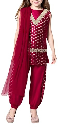 Kaerm Indian Kurta for Girls with Pants Scarf Metallic Floral Print Dress Suit Kids Embroidery Partywear Burgundy 9-10 Years