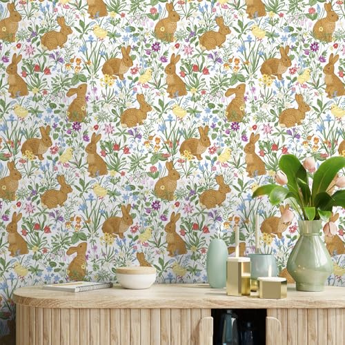 VaryPaper Self Adhesive Floral Wallpaper Brown Rabbit Patterned Contact Paper 44.5cmx200cm Flower Sticky Back Plastic Vinyl Wrap for Furniture Cupboards Shelves Living Room Kids Wallpaper Lining Paper
