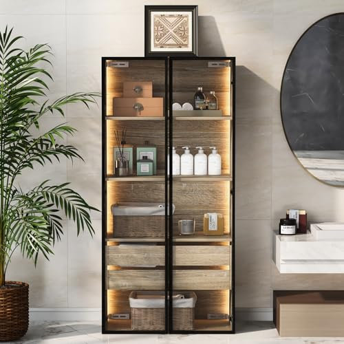 KSFASHZ Armadietto per vetrina con illuminazione e porta in vetro, 4 strati, autoportante con 2 cassetti, moderno, vetrina in vetro, 74 x 36 x 155 cm
