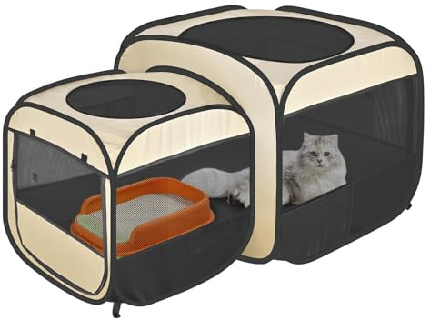 EighteenTek® 2-in-1 Portable Cat Playpen(End Doors), Pop up Kitten Playpen, Assembly-Free, Pet Tent Crates Kennel Cage Enclosure for Dog Puppy Indoor Outdoor(Beige)(No Divider, Unified Space)