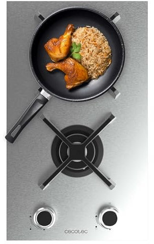 Cecotec Placa de Gas 2 Fuegos Bolero Squad G 2400S Inox. 5.2kW, Acero Inoxidable, Parrillas Hierro Fundido, Quemador WOK Triple Corona, Encendido Electrónico, Seguridad en Válvulas, Accesorio de Gas