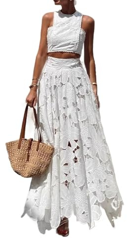 Conjunto de Top Corto sin Mangas de Encaje Calado y Falda vaporosa Conjunto de Dos Piezas para Mujer