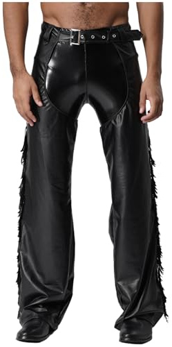 Fldy Chaps en cuir pour homme - Pantalon d'équitation - Design à franges - Imperméable - Protection contre les éruptions routières, Noir , M
