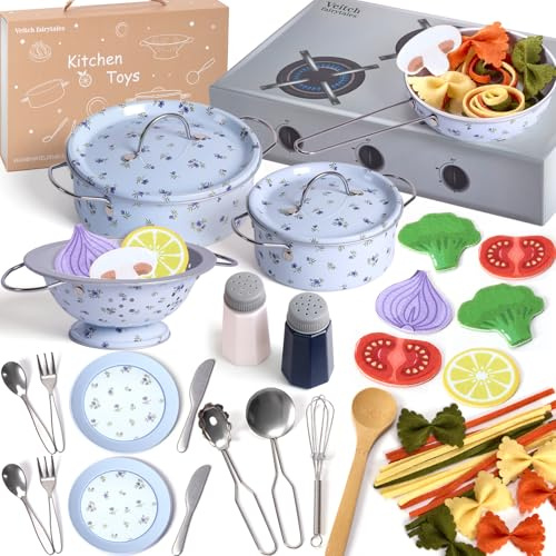 Veitch fairytales Accesorios de cocina de barro para exteriores, juego de vajilla con ollas de juego, accesorios para cocina de juegos, vajilla infantil y juguetes de cocina, accesorios de cocina para