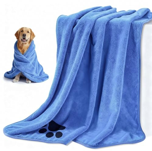 Blanlody 2 Pièces Serviette Chien,Serviette pour Chien 100 X 50 Cm Serviette De Toilette Extra Absorbante, Doux Séchage Rapide Microfibre pour Chats, Chiens Ou Autres Animaux, (Bleu,M)