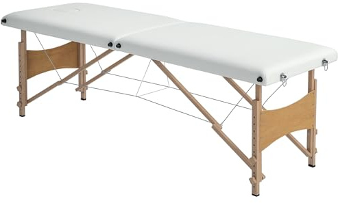 HOMCOM Table de Massage Pliante, lit de Massage 2 Zones 186 x 60 cm Portable, Hauteur réglable, Oreiller Facial Amovible, Table esthétique Tatouage, Sac de Transport Inclus, crème