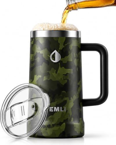 Hemli 24 oz Ceramic Lined Insulated Beer Mug with Lid - Stainless Steel Beer Stein - Triple-Wall Vacuum Insulated, Keeps Beer Ice Cold - Large Capacity, Leakproof Tritan Lid, Silicone Bottom