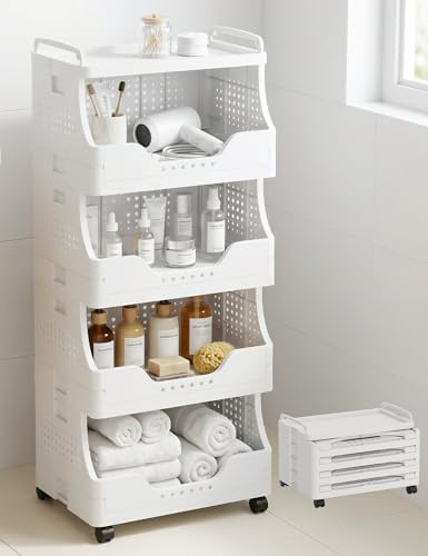 DEANIC Carrito Organizador Plegable con Ruedas, 4 Niveles, Carrito Auxiliar con Bandeja Superior, estantería móvil con Asas, para baño, Cocina y lavandería (Blanco)