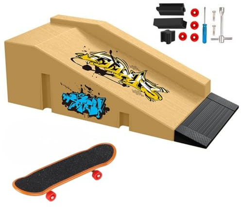 TriUnytion Finger skateboard och ramp tillbehörsset, mini fingerboard park kit gör-det-själv däck lastbil fingerskateboard ramp kit för barn, pojkar och flickor gåva, gul (b)