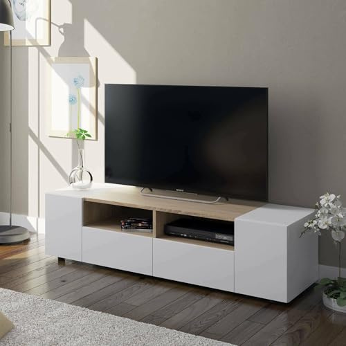 Dmora - Meuble TV Topeka, Buffet télévision de salon, Meuble TV moderne, Buffet bas polyvalent, 138x42h36 cm, Blanc et Chêne