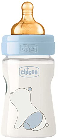 Chicco Original Touch Anti-Colic Baby Bottle with 100% Natural Latex Teat, Slow Flow Baby Bottle 0+ Months, 150 ml Plastic Bottle for Newborns, Blue