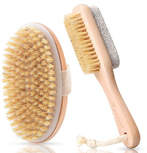 LAYUKI Body Brush for Dry or Wet Brushing and 2-Sided Foot File Scrubber Set, Exfoliating Skin, Cellulite Treatment, Foot File Scrubber with Pumice Stone