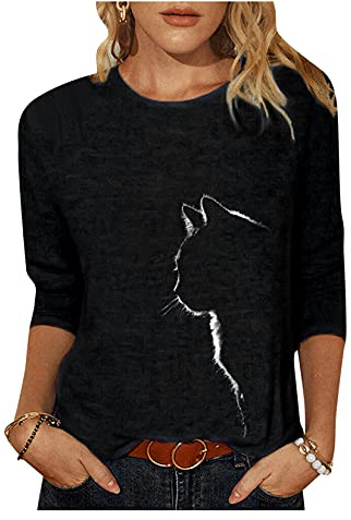 Dawwoti Femmes Manches Longues T-Shirts Plus La Taille Multi Couleur Chat Imprimer Hauts Casual Ras du Cou (Couleur 4, M)
