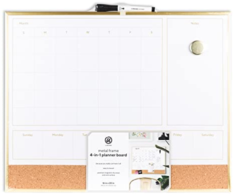 U Brands 4-in-1 Dry Erase Calendar Planner White Board with Gold Frame, Office Supplies, with Marker, Magnet, 16” x 20”