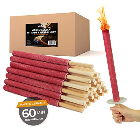 Bolson Wachsfackeln 60 Min (100 Stück) Gartenfackel aus Wachs mit Handschutz & Griff für Kinder & Erwachsene - in Deutschland hergestellte Fackel f. Draußen - ideal f. Fackelwanderung, Garten, Outdoor
